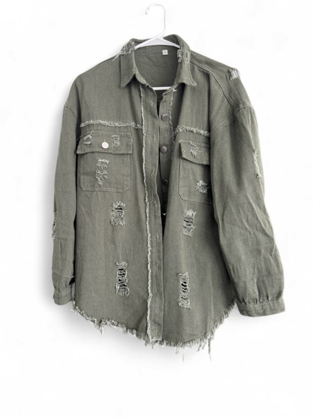 New Women's Vintage Looking Distressed Ripped Denim Olive Green Jacket Small